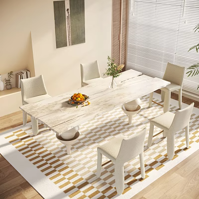 Modern Dining Table Set with White Chairs Fruit Platter and Flower Vase on Geometric Rug 3d model