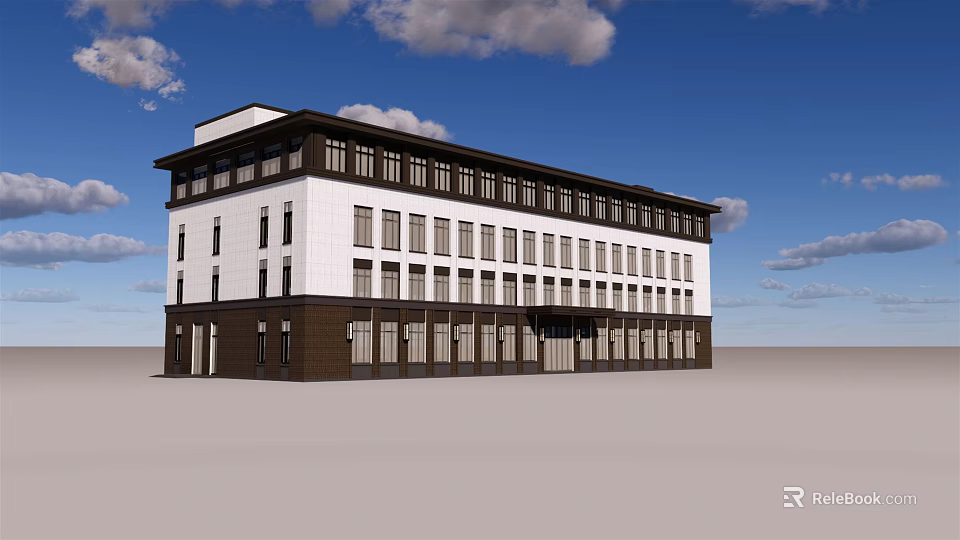 Modern Multi Story Office Building With White Brown Facade And Large Windows 3d model 