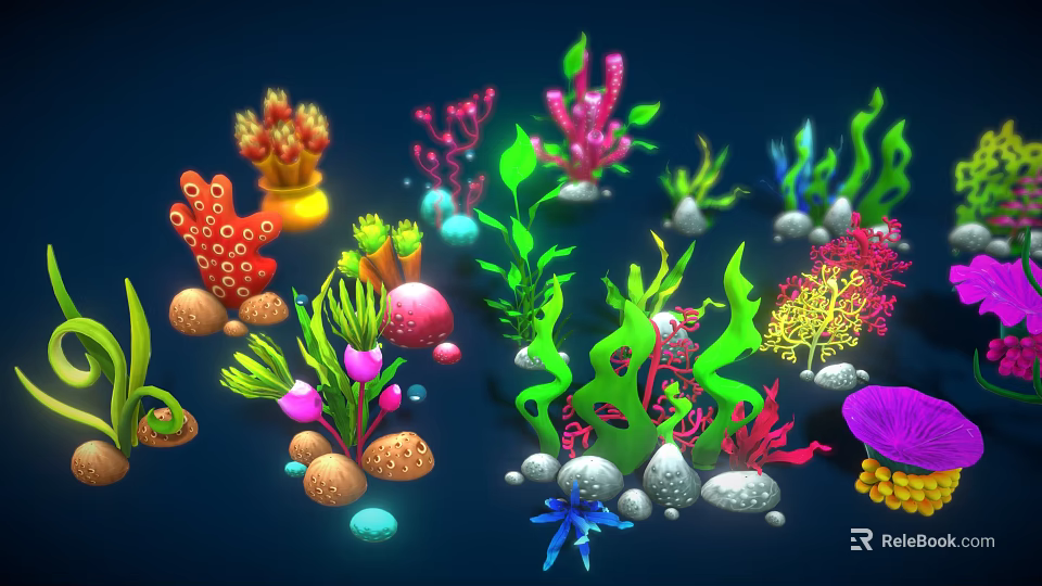 Vibrant Underwater Marine Plants Displaying Various Shapes Colorful Hues And Decorative Stones 3d model 