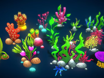 Vibrant Underwater Marine Plants Displaying Various Shapes Colorful Hues And Decorative Stones 3d model