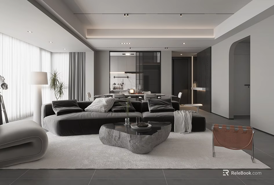 Modern Living and Dining Room With Gray Sofa Stone Coffee Table Large Windows 3d model 