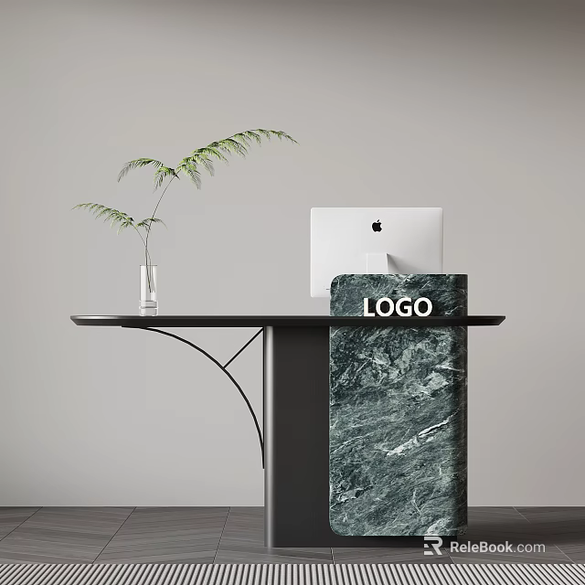 Modern Reception Desk With Mac Computer Green Plant Vase Marble Panel And Logo 3d model 