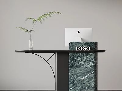 Modern Reception Desk With Mac Computer Green Plant Vase Marble Panel And Logo 3d model