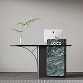 Modern Reception Desk With Mac Computer Green Plant Vase Marble Panel And Logo