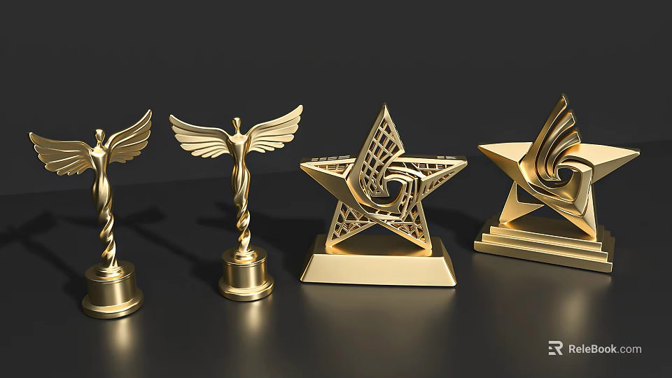 Golden Trophy Decorative Ornaments Set With Various Winged And Star Shaped Designs 3d model 