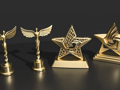 Golden Trophy Decorative Ornaments Set With Various Winged And Star Shaped Designs 3d model