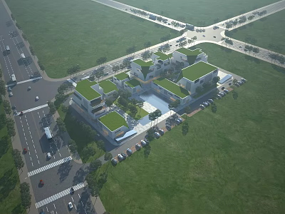 Aerial View Of Modern Industrial Factory With Green Roofs And Parking Lot 3d model