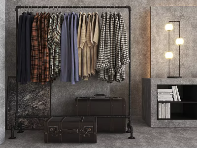 Industrial Style Clothes Rack Hanging Shirts And Jackets With Leather Suitcases And Floor Lamp 3d model