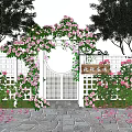 Beautiful Garden Entrance Gate Adorned With Pink Flowers Vines And White Picket Fence