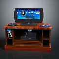 Entertainment TV Stand Setup With TV Game Controller Console And Blu ray Discs