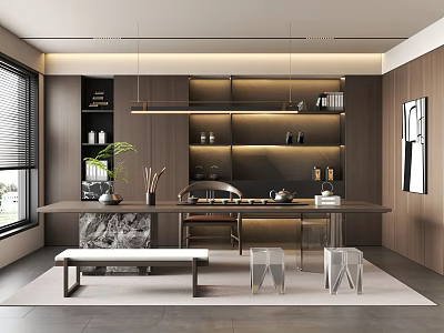 Modern Tea Room Interior With Long Table Wooden Shelves Tea Sets And Hanging Lights 3d model