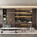 Modern Tea Room Interior With Long Table Wooden Shelves Tea Sets And Hanging Lights
