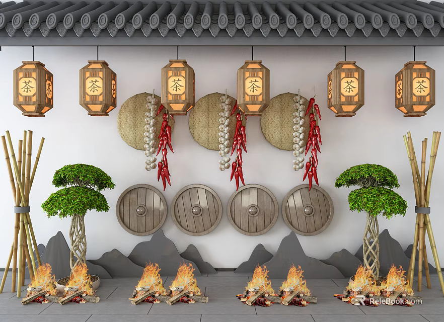 Chinese Style Garden Ornaments Featuring Fu Lanterns Straw Wreaths Bamboo Poles And Bonsai Trees 3d model 