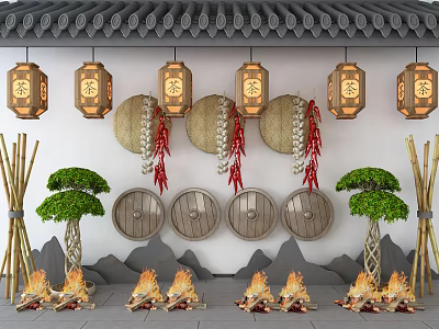 Chinese Style Garden Ornaments Featuring Fu Lanterns Straw Wreaths Bamboo Poles And Bonsai Trees 3d model