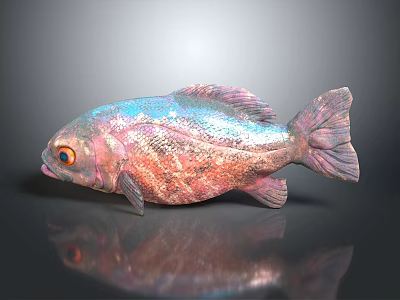 Iridescent Pink And Blue Fish With Red Eyes On Gray Background And Reflection 3d model