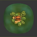 Lush Green Natural Landscape With Small Orange Roof House And Surrounding Trees