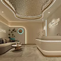 Elegant Modern Beauty Salon Reception With Skin Care Sign Decorative Lights And Display Shelves