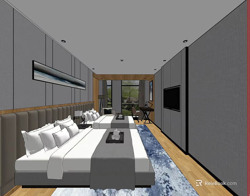 Modern Hotel Room Interior With Large Bed Flat Screen TV And Blue Carpet 3d model 