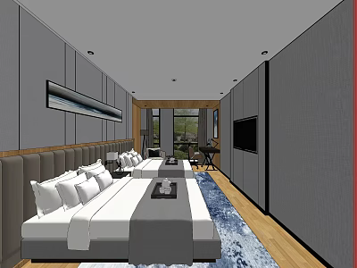 Modern Hotel Room Interior With Large Bed Flat Screen TV And Blue Carpet 3d model