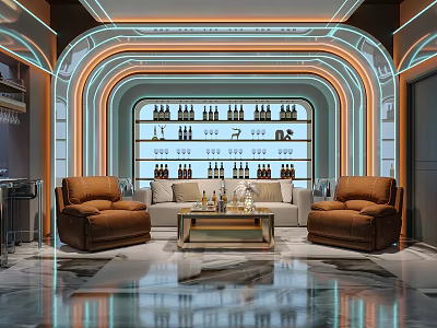 Modern Home Theater Room With Sofas Neon Lights And Wine Shelves 3d model