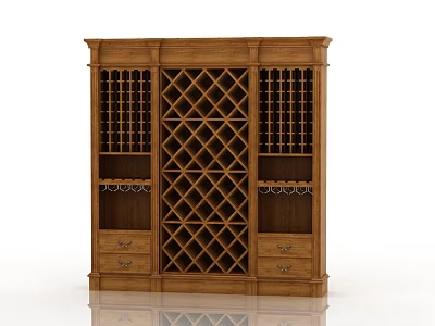 Elegant Traditional Wooden Wine Cabinet With Lattice Design And Storage Drawers 3d model