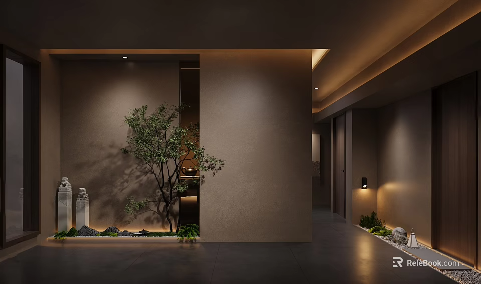 Modern Foyer Hallway With Green Plants Stone Sculptures And Lighting 3d model 