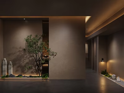 Modern Foyer Hallway With Green Plants Stone Sculptures And Lighting 3d model