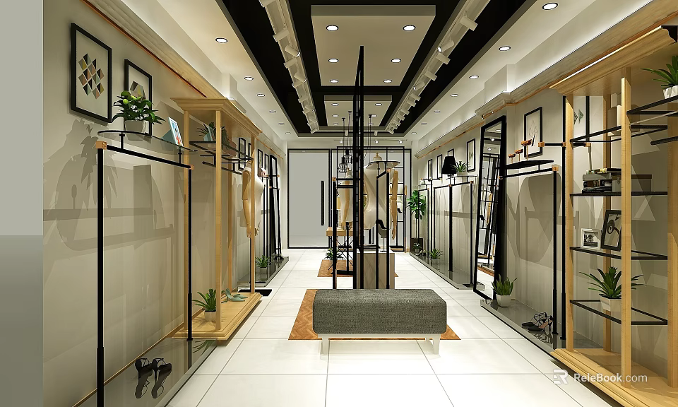 Modern Clothing Store Interior With Display Racks Hanging Clothes Bench Plants And Decorative Paintings 3d model 