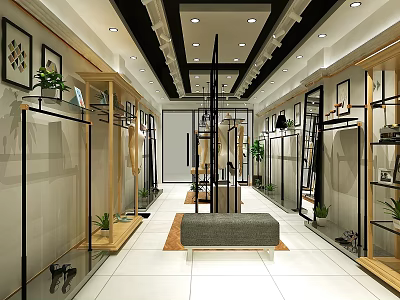 Modern Clothing Store Interior With Display Racks Hanging Clothes Bench Plants And Decorative Paintings 3d model