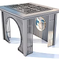 Modern Metal Square Structure with Grid Top Arch Cutouts and Circular Transparent Panel 3d model