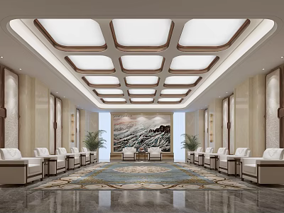 Hotel Public Lounge Featuring Geometric Ceiling Design Marble Walls And Landscape Painting 3d model
