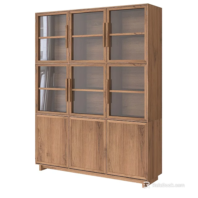 Modern Tall Wooden Bookcase with Glass Door Panels and Spacious Storage Shelves 3d model 