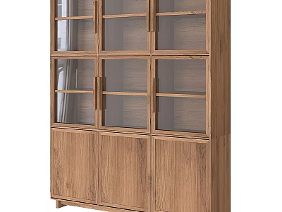 Modern Tall Wooden Bookcase with Glass Door Panels and Spacious Storage Shelves 3d model