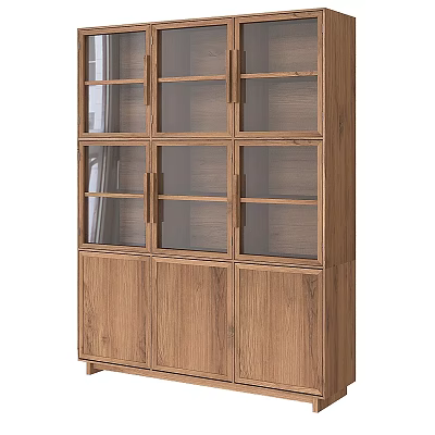 Modern Tall Wooden Bookcase with Glass Door Panels and Spacious Storage Shelves 3d model