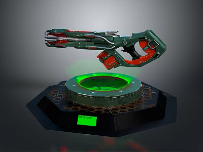Futuristic Green Red Metallic Weapon On Black Hexagonal Platform With Green Glowing Ring And 3d model