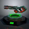 Futuristic Green Red Metallic Weapon On Black Hexagonal Platform With Green Glowing Ring And