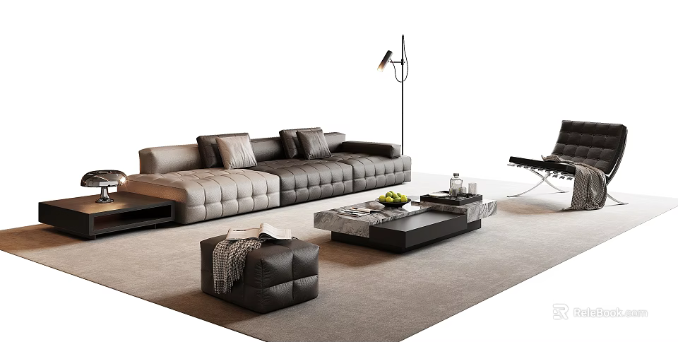 Modern Leather Sofa And Marble Coffee Table Set With Throw Pillows Rug And Floor Lamp 3d model 