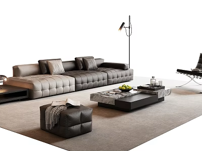 Modern Leather Sofa And Marble Coffee Table Set With Throw Pillows Rug And Floor Lamp 3d model
