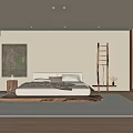 Modern Bedroom Interior Design With Wooden Bed Area Rug Ladder Artwork And Wooden Floor