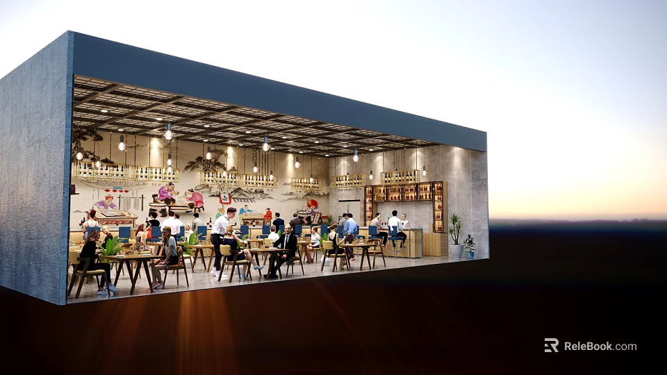 Cozy Café Interior With Customers Seated At Tables And Chairs Under Warm Lighting 3d model 