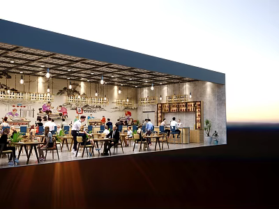 Cozy Café Interior With Customers Seated At Tables And Chairs Under Warm Lighting 3d model