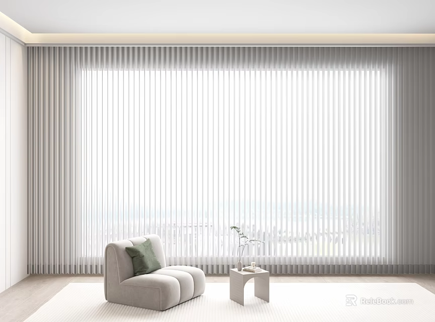 White Vertical Blinds On Large Window In Modern Living Room With Cozy Armchair Side Table 3d model 