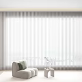 White Vertical Blinds On Large Window In Modern Living Room With Cozy Armchair Side Table