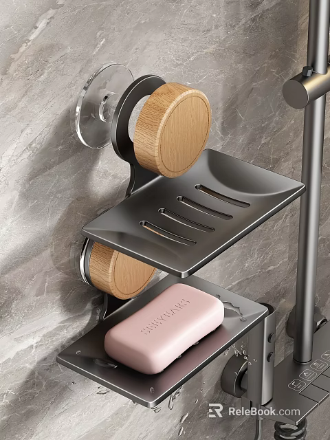 Modern Bathroom Accessories Metal Storage Rack With Wooden Holders Soap Dish And Marble Wall 3d model 