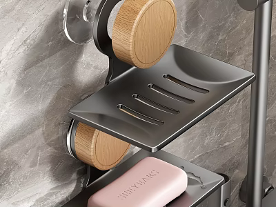 Modern Bathroom Accessories Metal Storage Rack With Wooden Holders Soap Dish And Marble Wall 3d model