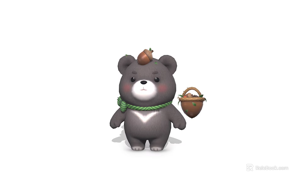 Cute Gray Bear With Acorn On Head Green Rope Around Neck Holding Small Basket 3d model 