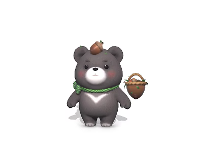 Cute Gray Bear With Acorn On Head Green Rope Around Neck Holding Small Basket 3d model