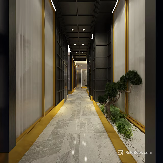 Modern Corridor Design With Marble Floor Golden Trim And Green Plants 3d model 