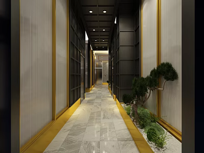 Modern Corridor Design With Marble Floor Golden Trim And Green Plants 3d model