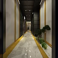 Modern Corridor Design With Marble Floor Golden Trim And Green Plants